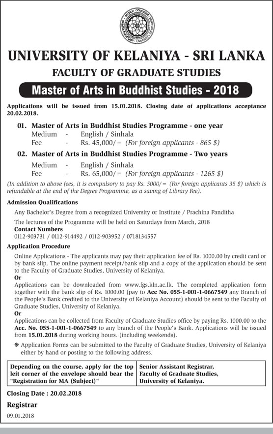 Master of Arts in Buddhist Studies (2018) - Faculty of Graduate Studies - University of Kelaniya